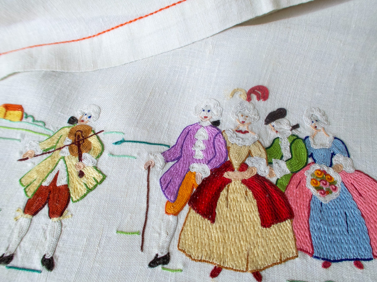 Marie Antoinette Vintage Beauvais Embroidery 108&quot; Linen Tablecloth, 8 Napkins