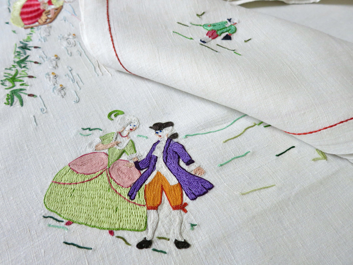 Marie Antoinette Vintage Beauvais Embroidery 108&quot; Linen Tablecloth, 8 Napkins