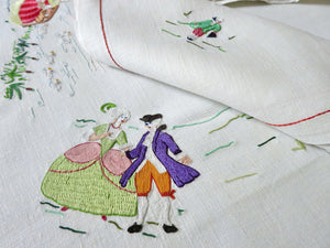 Marie Antoinette Vintage Beauvais Embroidery 108" Linen Tablecloth, 8 Napkins