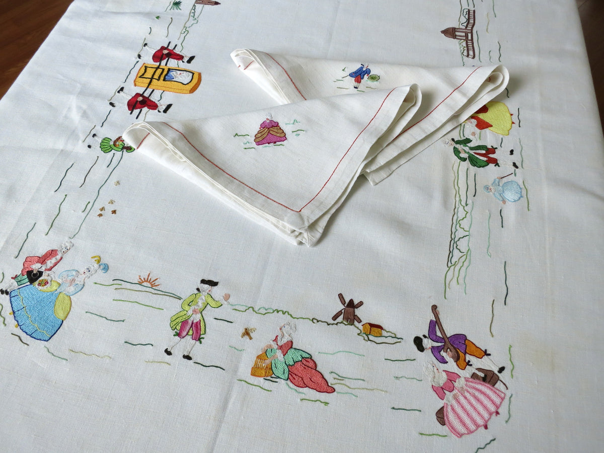 Marie Antoinette Vintage Beauvais Embroidery 108&quot; Linen Tablecloth, 8 Napkins