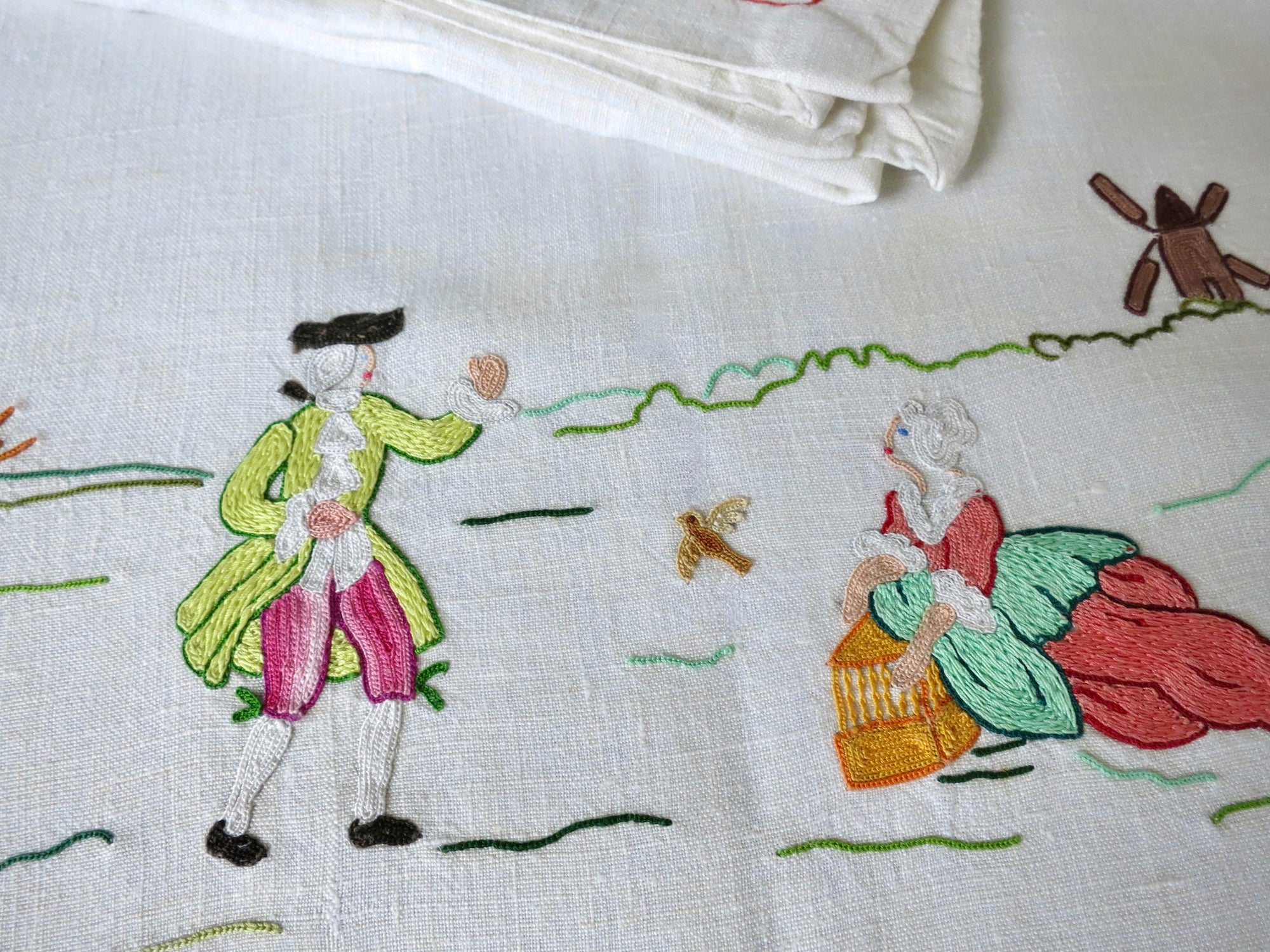 Marie Antoinette Vintage Beauvais Embroidery 108" Linen Tablecloth, 8 Napkins