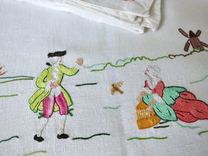 Marie Antoinette Vintage Beauvais Embroidery 108" Linen Tablecloth, 8 Napkins