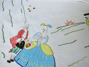 Marie Antoinette Vintage Beauvais Embroidery 108" Linen Tablecloth, 8 Napkins