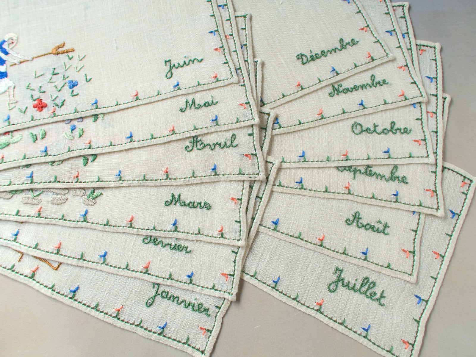 Stacked set of Rapisardi months napkins showing each month’s name embroidered in French on the border.