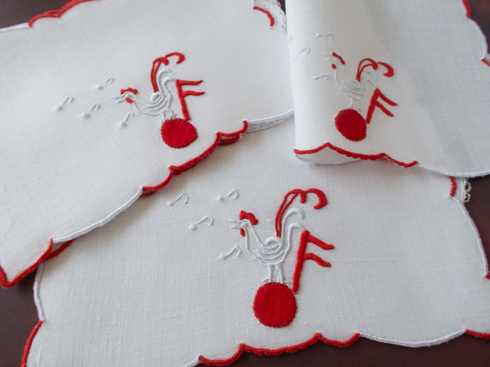 Musical Roosters Vintage Madeira Cocktail Napkins, Set of 6