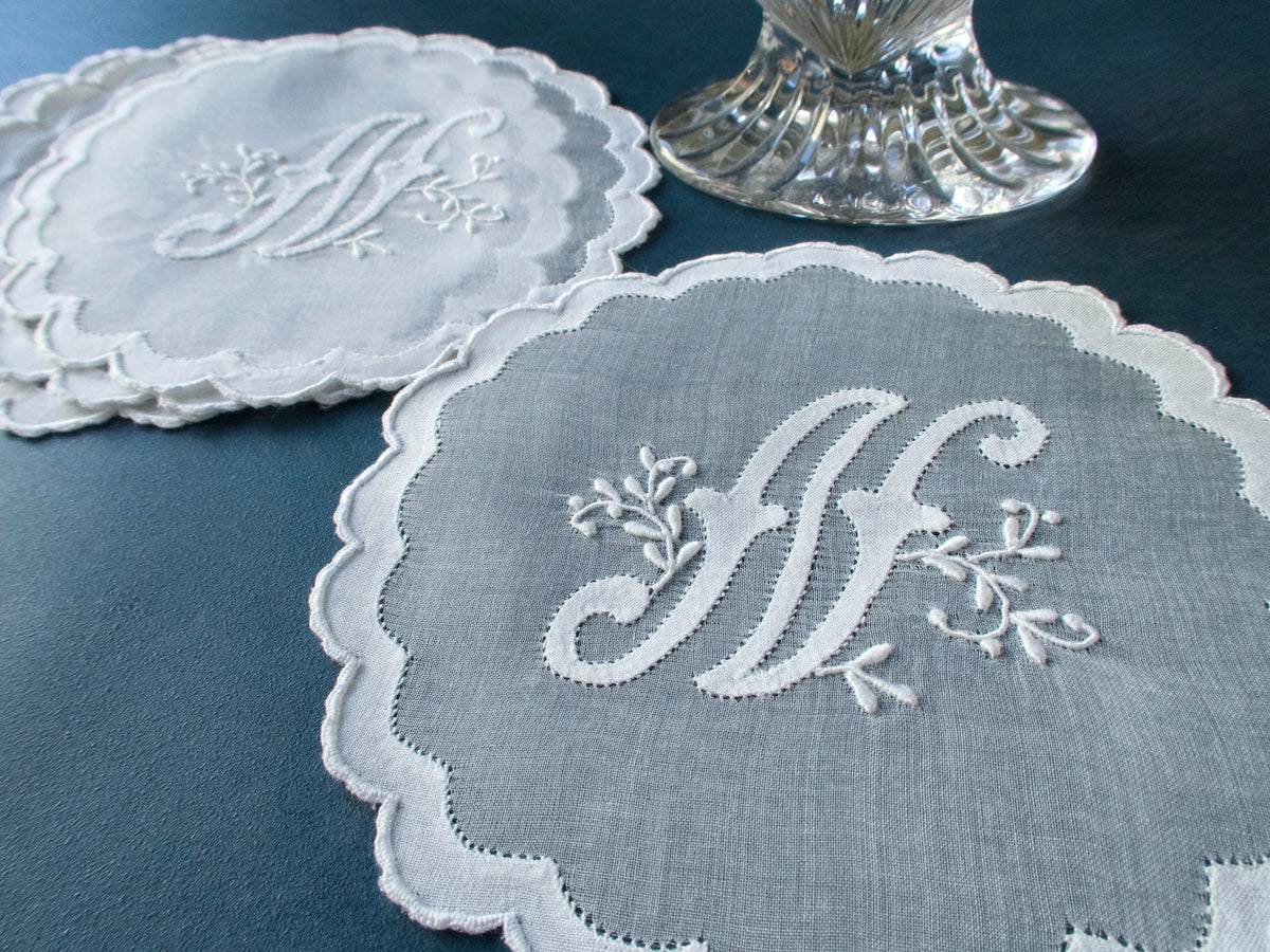 &quot;N&quot; Monogram Vintage Madeira Organdy Cocktail Rounds, Set of 8