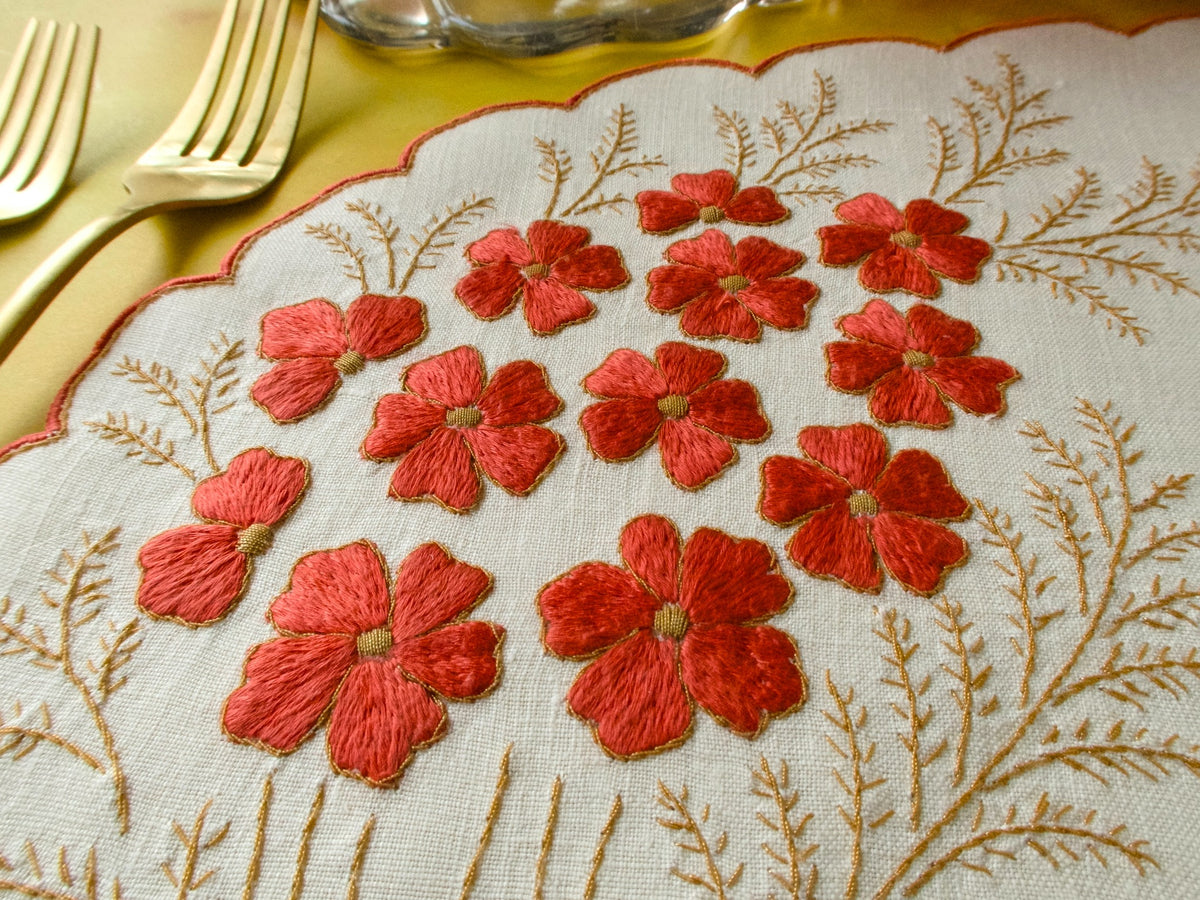Stunning Orange Flowers Vintage Madeira 16pc Placemat Set for 8