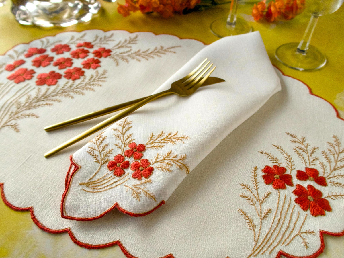 Stunning Orange Flowers Vintage Madeira 16pc Placemat Set for 8