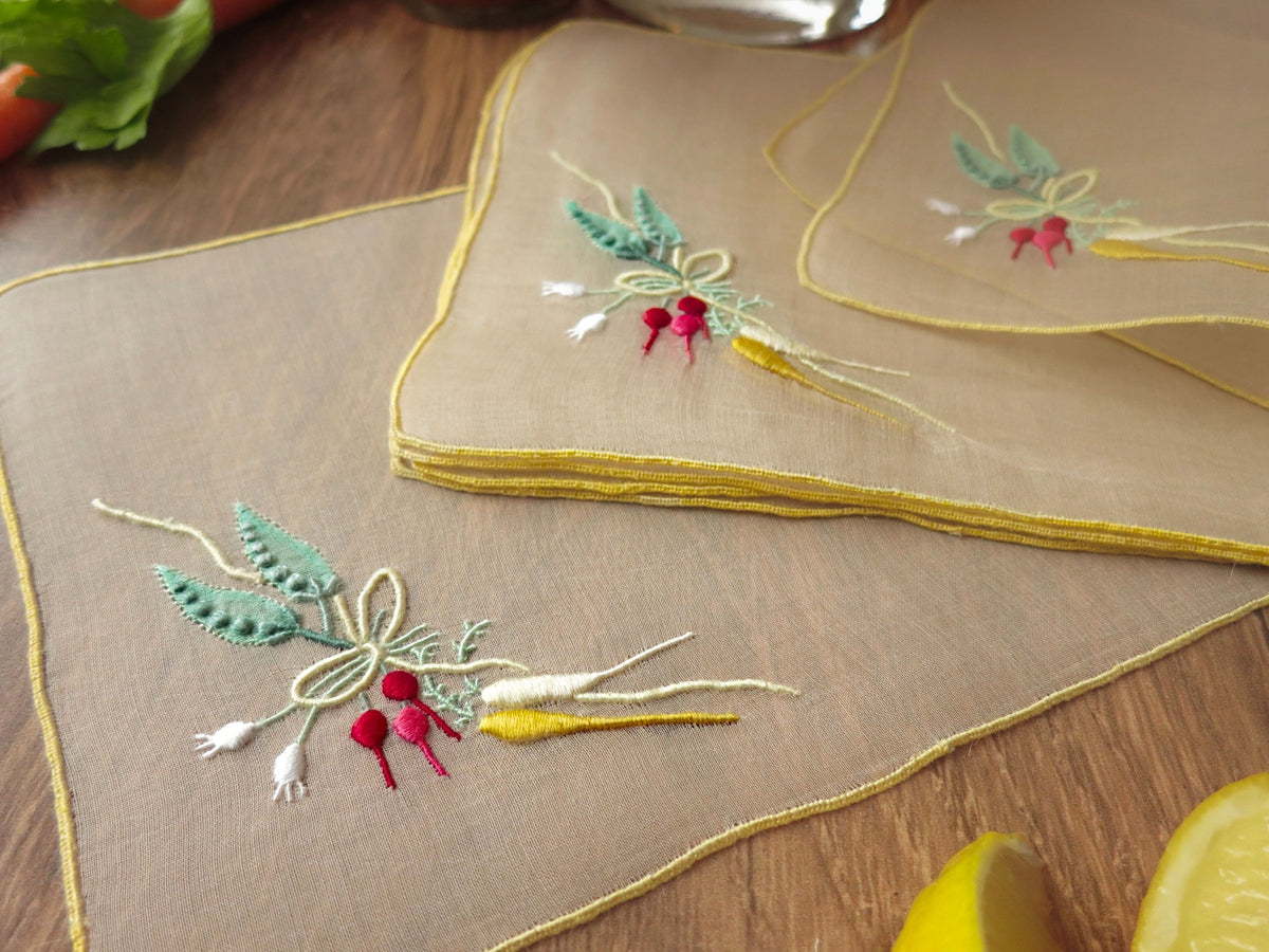 &quot;Carrots &amp; Peas&quot; Marghab Vintage Organdy Cocktail Napkins, Set of 8