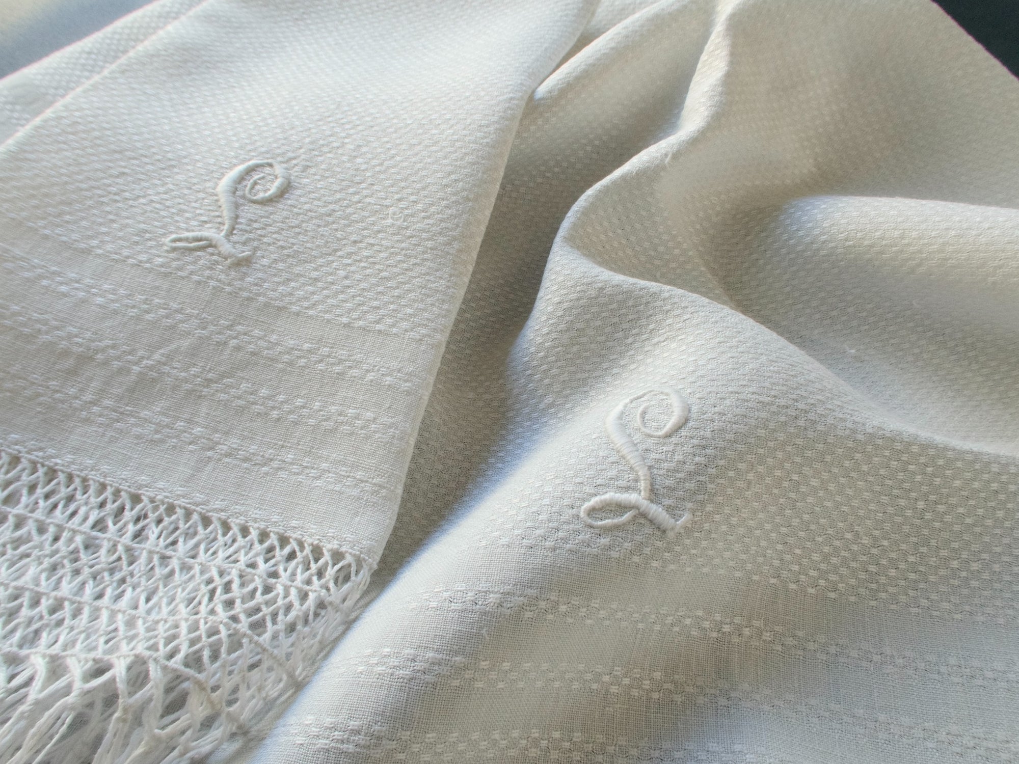 "L" Monogram Vintage Fringed Linen Towels, Set of 2