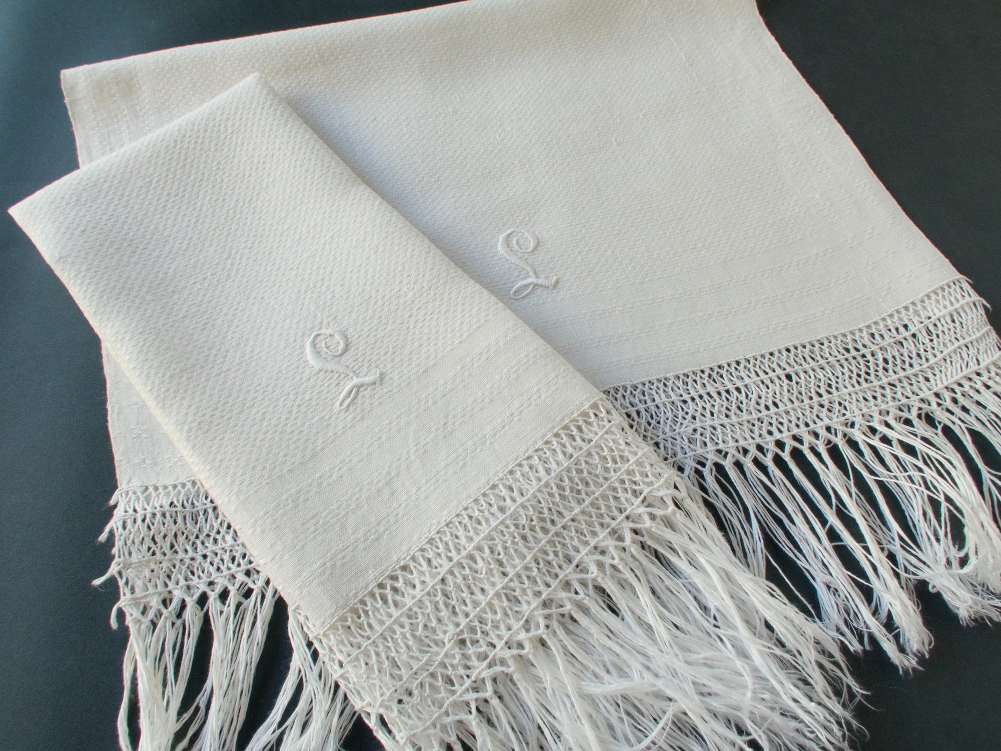 "L" Monogram Vintage Fringed Linen Towels, Set of 2