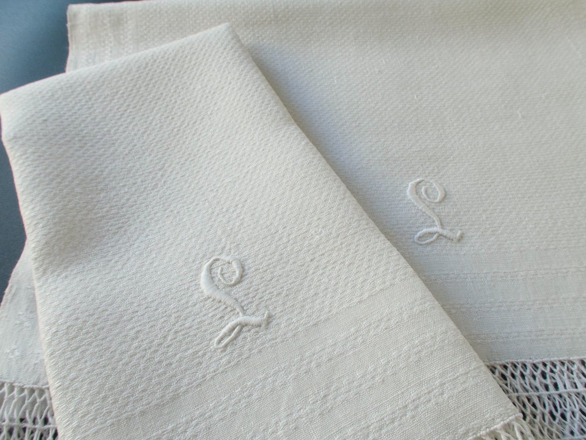 "L" Monogram Vintage Fringed Linen Towels, Set of 2