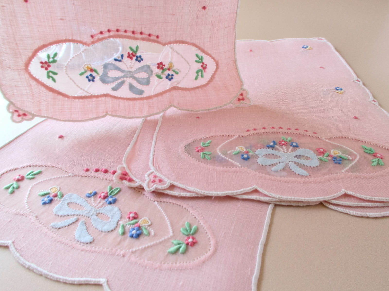 Bows & Flowers on Pink Linen Vintage Madeira Cocktail Napkins ~ Set of 6