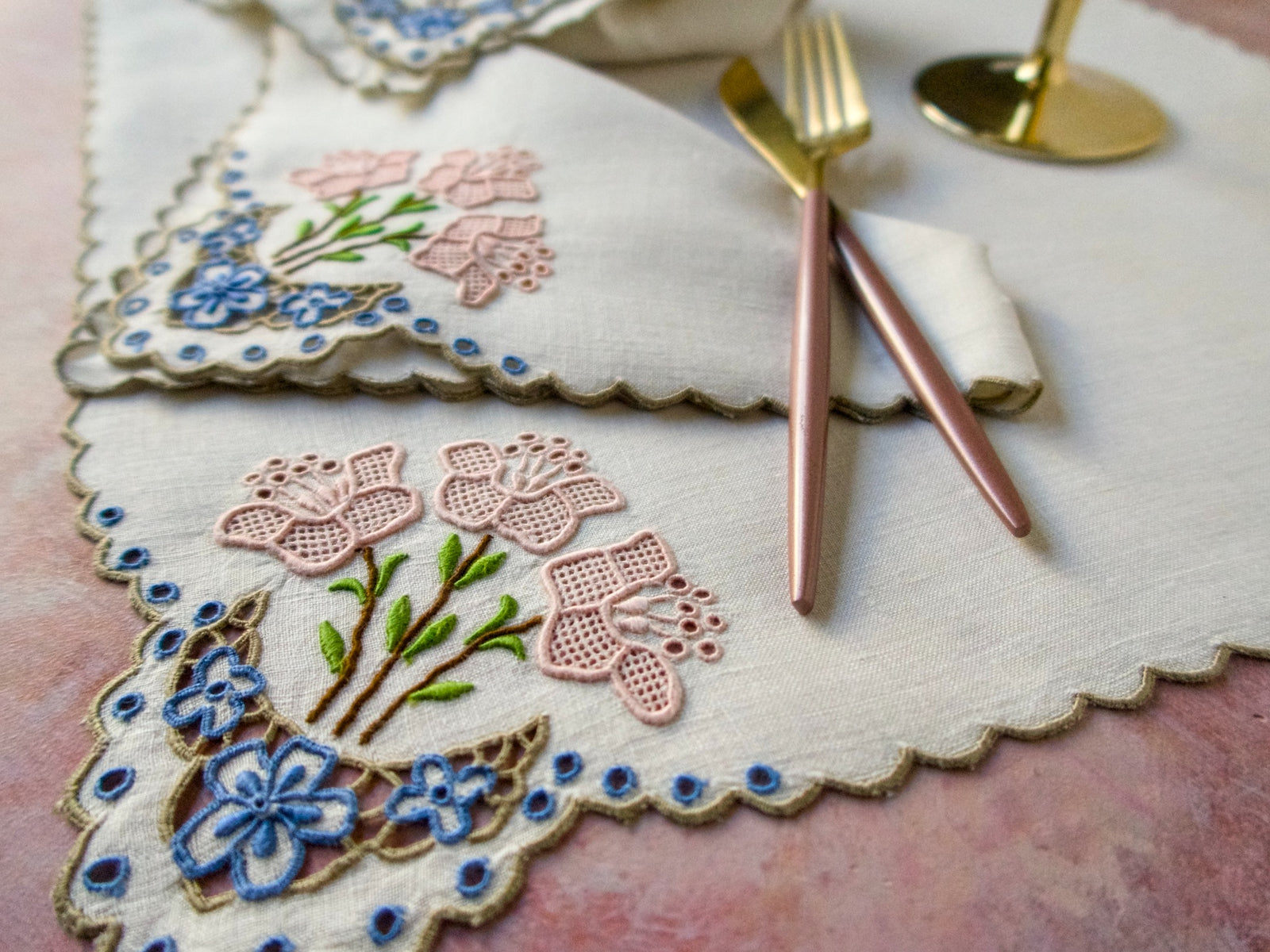 Pink Flowers Vintage Madeira Linen Table Napkins, Set of 6