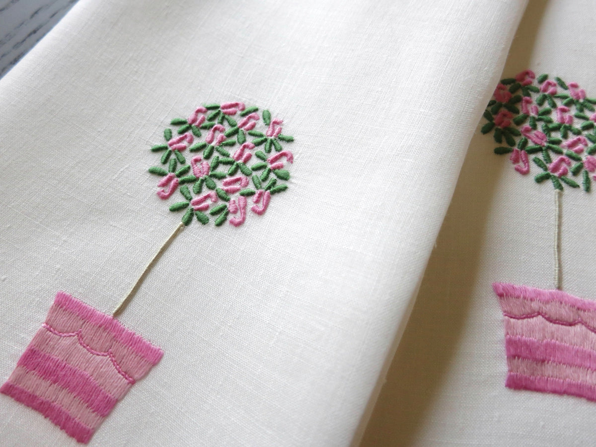 Pink Rose Tree Vintage Madeira Linen Guest Towels, Set of 2