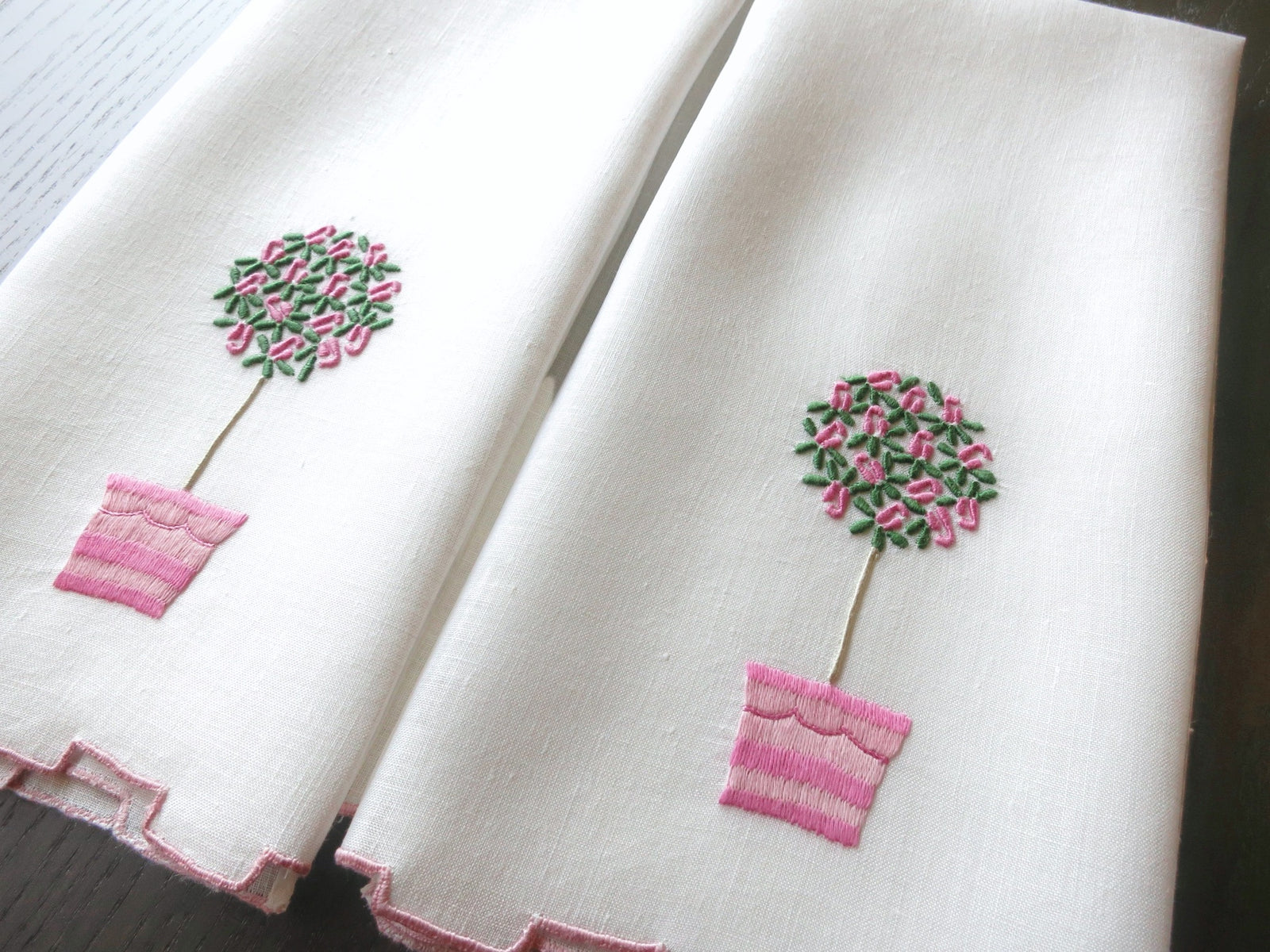 Pink Rose Tree Vintage Madeira Linen Guest Towels, Set of 2