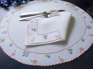 Dainty Flowers Vintage Hand Embroidered 24pc Linen Placemat Set for 8