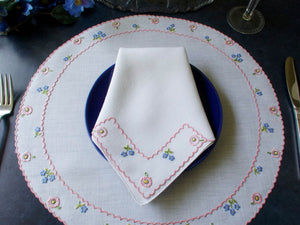 Dainty Flowers Vintage Hand Embroidered 24pc Linen Placemat Set for 8