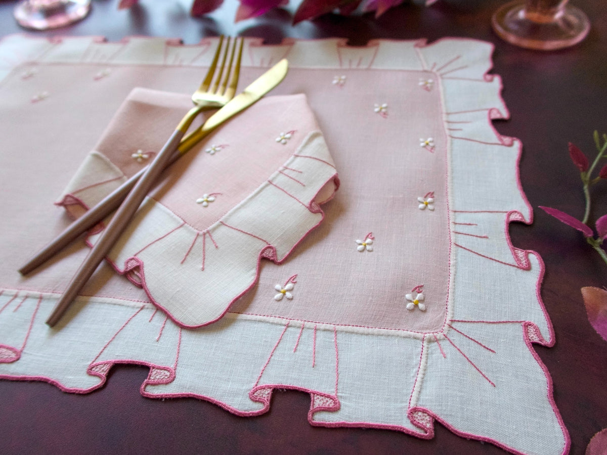 Pink &amp; Ruffled Vintage Madeira 12pc Linen Placemat Set for 6