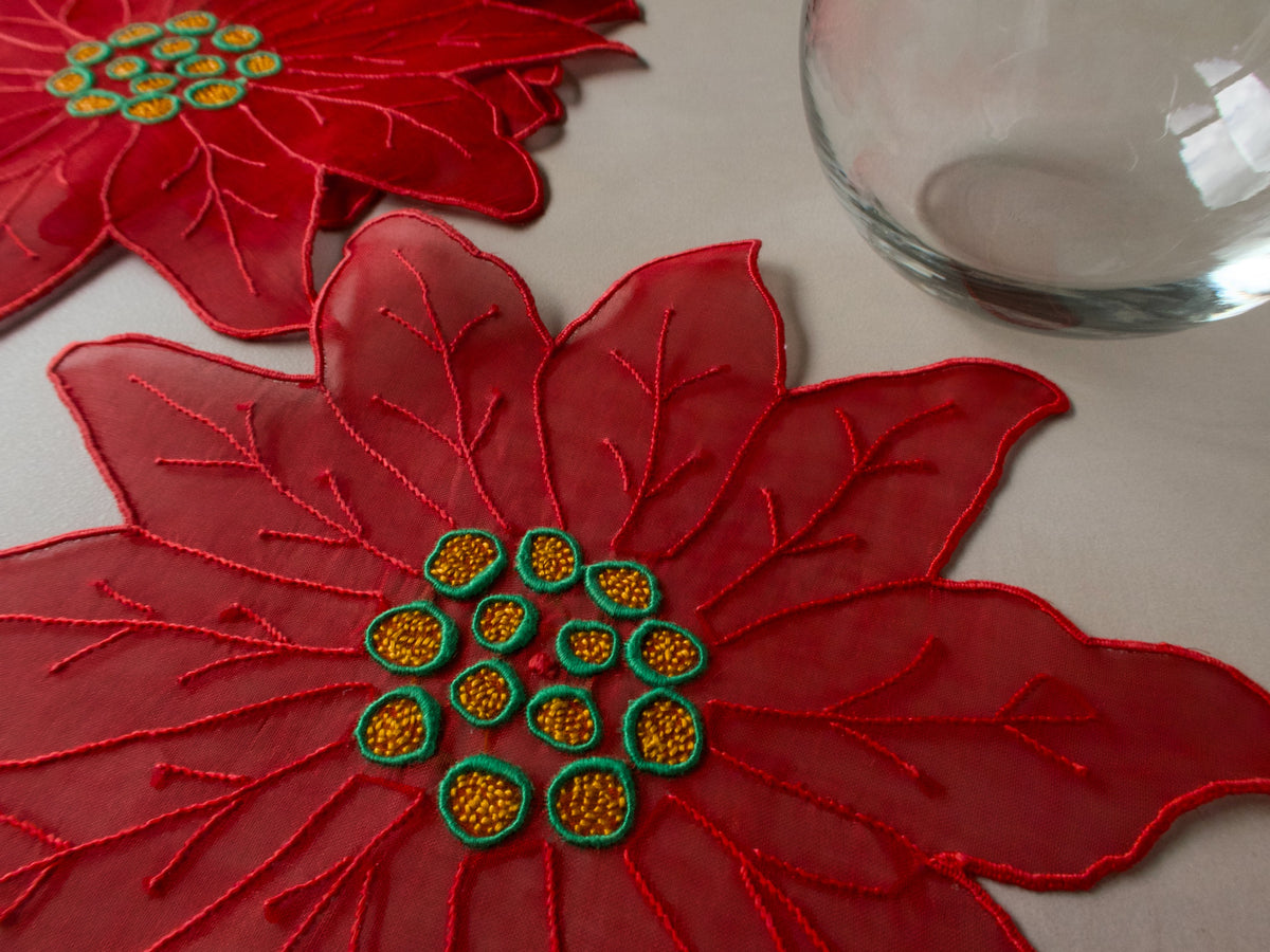Two red poinsettia-shaped organdy cocktail napkins overlapped, showing petal outlines and embroidered centers.