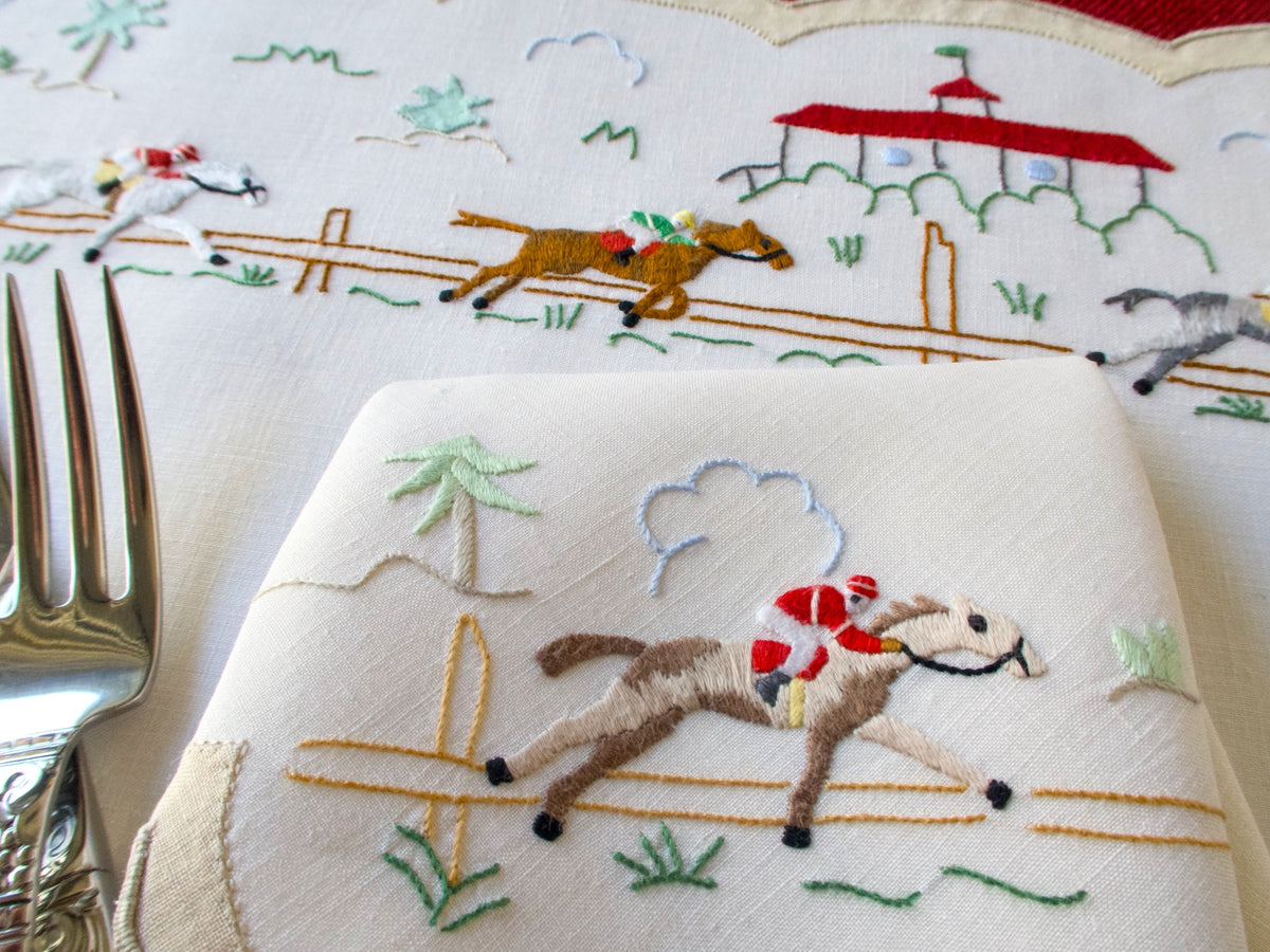 Horse Racing Vintage Madeira Linen 25pc Placemat Set for 12