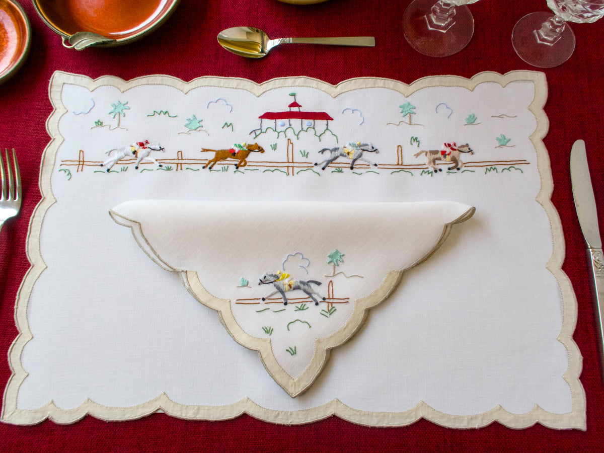 Horse Racing Vintage Madeira Linen 25pc Placemat Set for 12