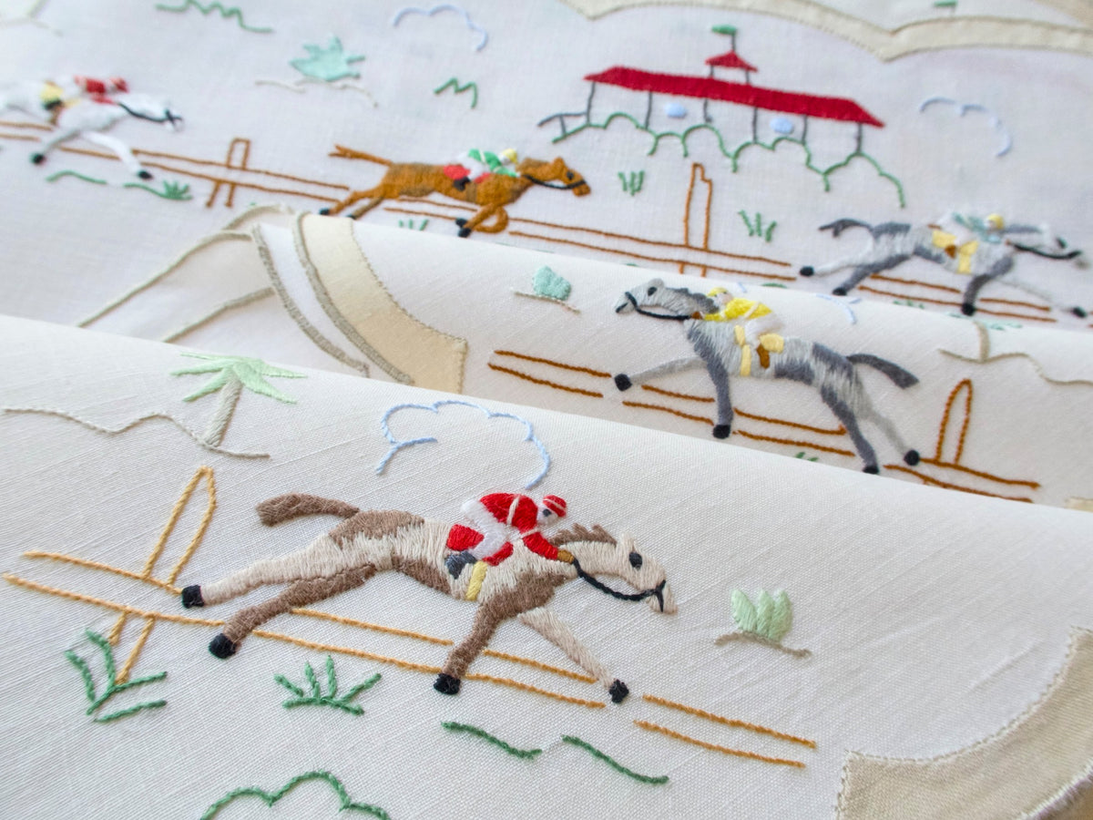 Horse Racing Vintage Madeira Linen 25pc Placemat Set for 12