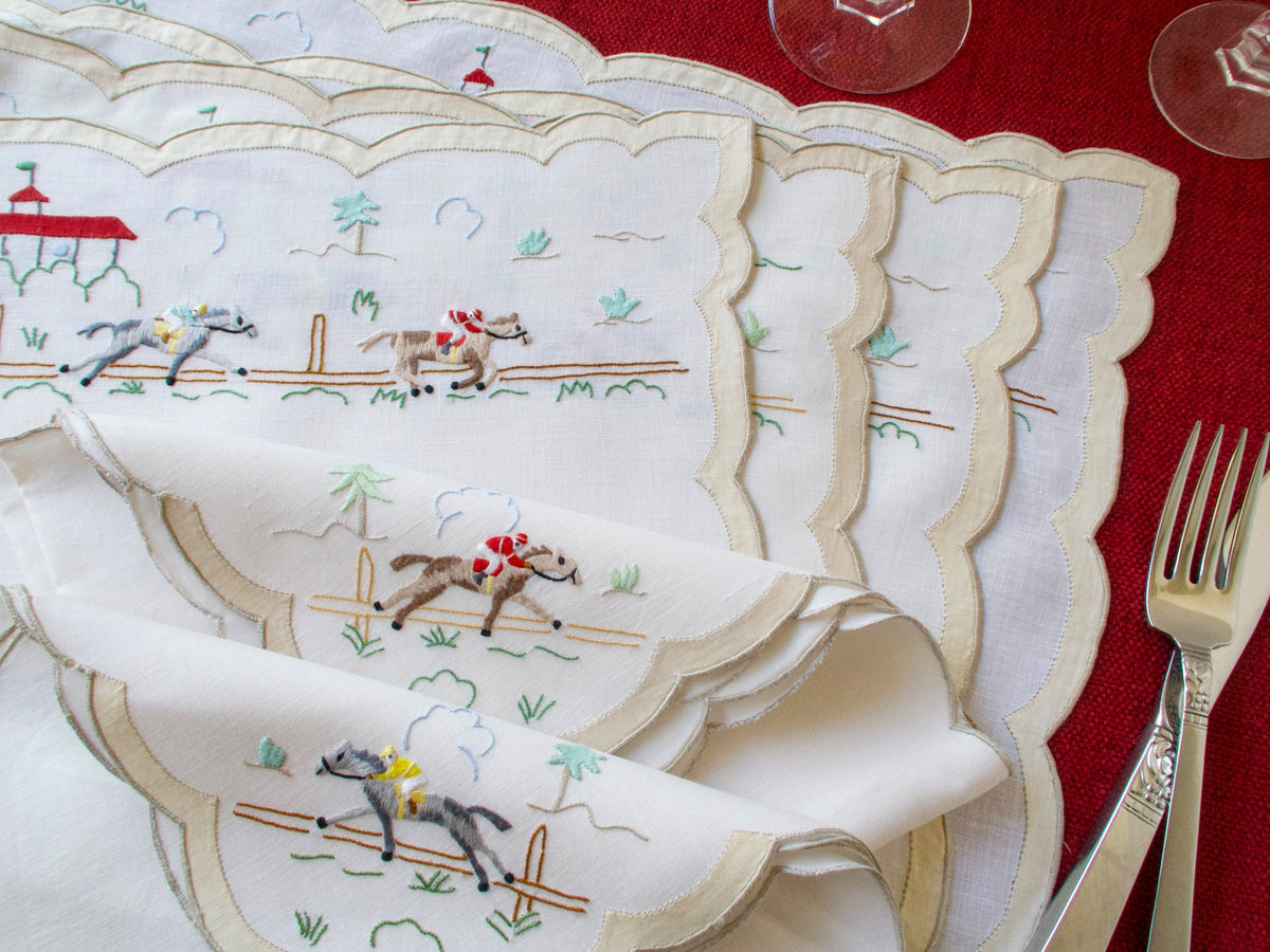Horse Racing Vintage Madeira Linen 25pc Placemat Set for 12