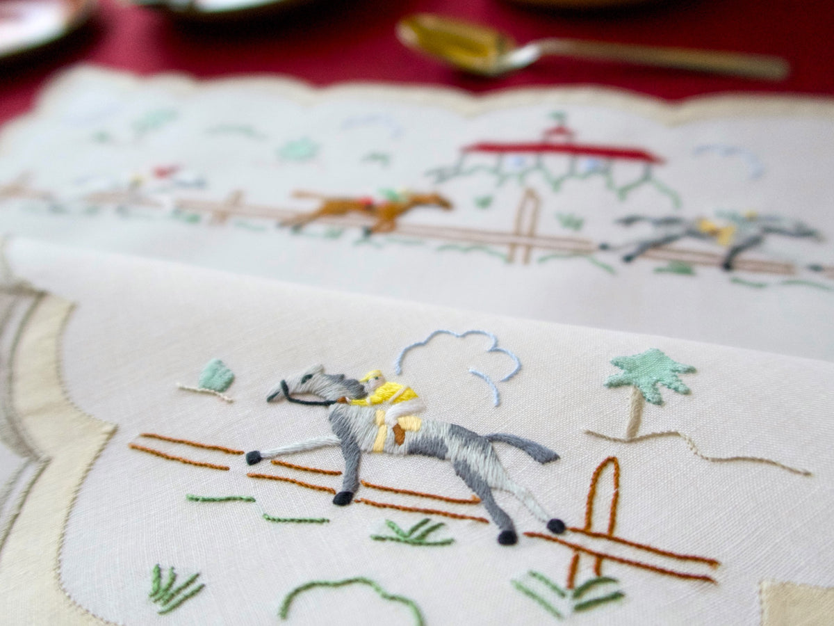 Horse Racing Vintage Madeira Linen 25pc Placemat Set for 12