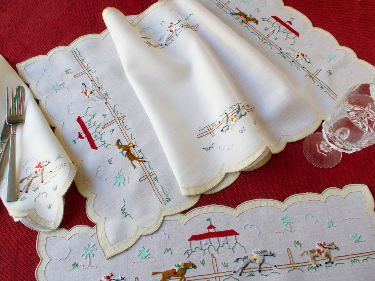 Horse Racing Vintage Madeira Linen 25pc Placemat Set for 12