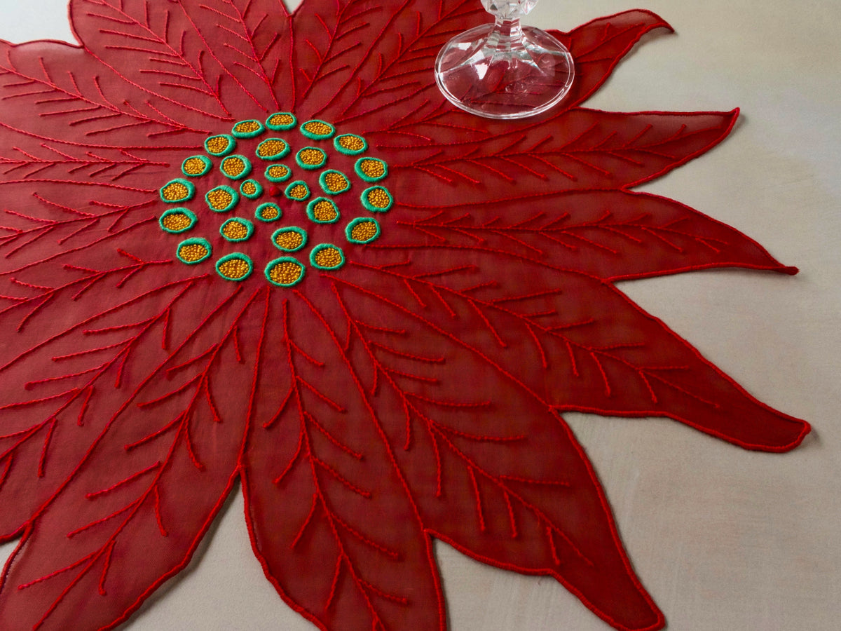 Vintage red organdy poinsettia placemat with embroidered center, holiday table linen.