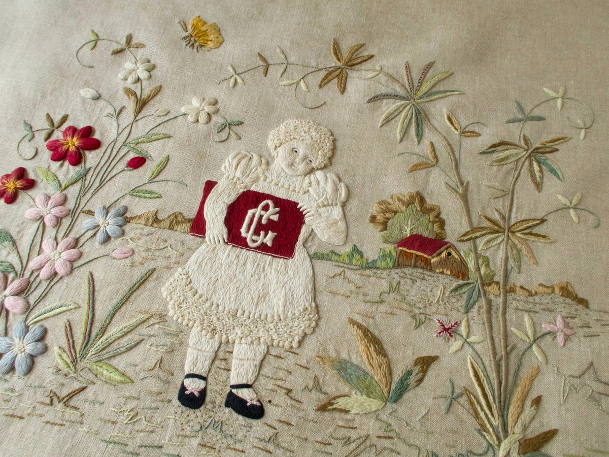 Schoolgirl Monogram Antique Dense Embroidery Fringed Towel 20x58&quot;