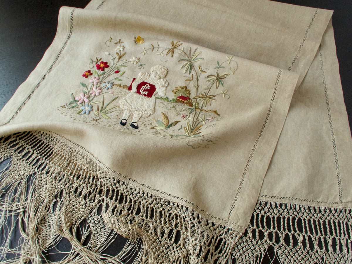 Schoolgirl Monogram Antique Dense Embroidery Fringed Towel 20x58&quot;
