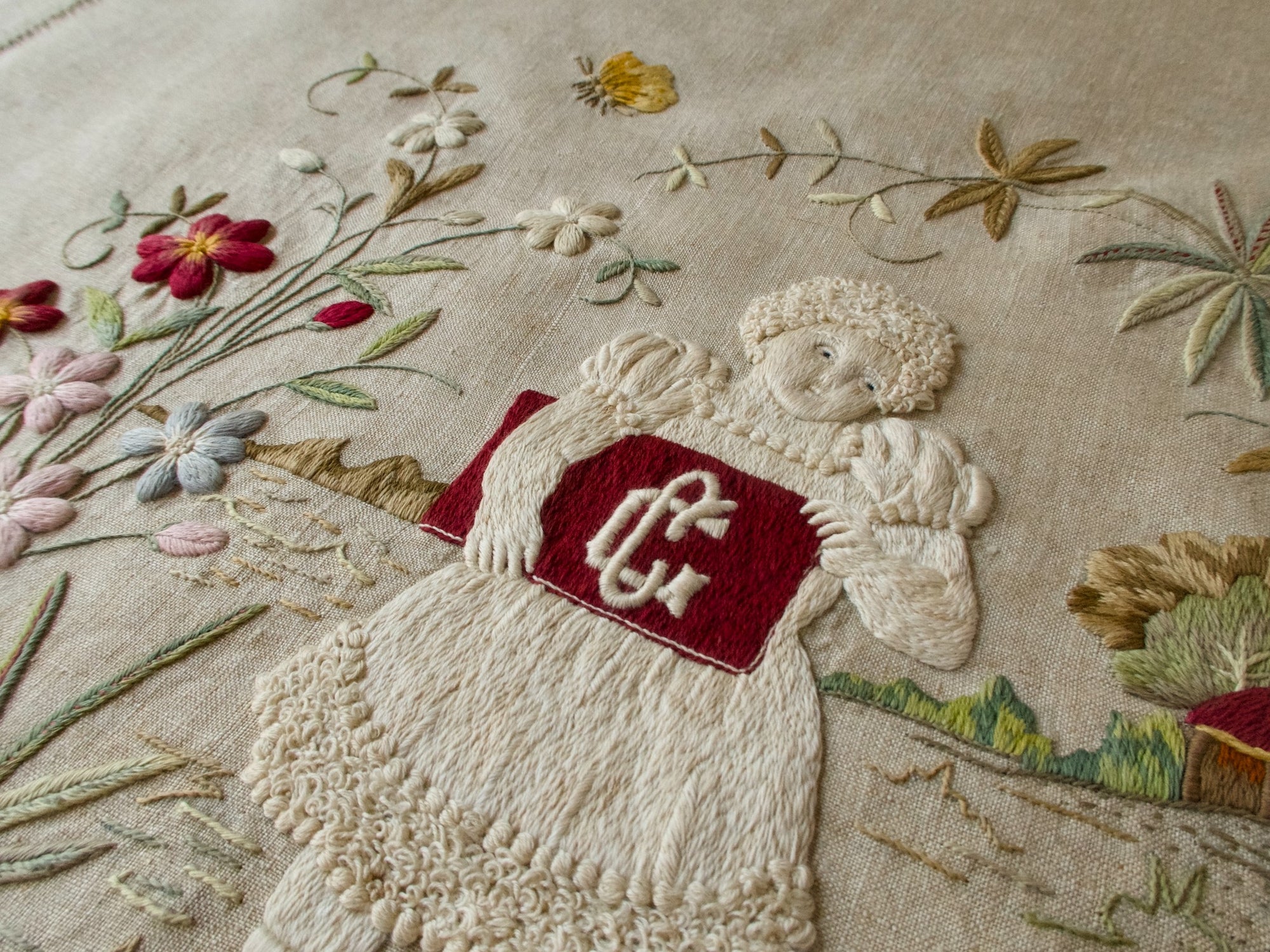 Schoolgirl Monogram Antique Dense Embroidery Fringed Towel 20x58"