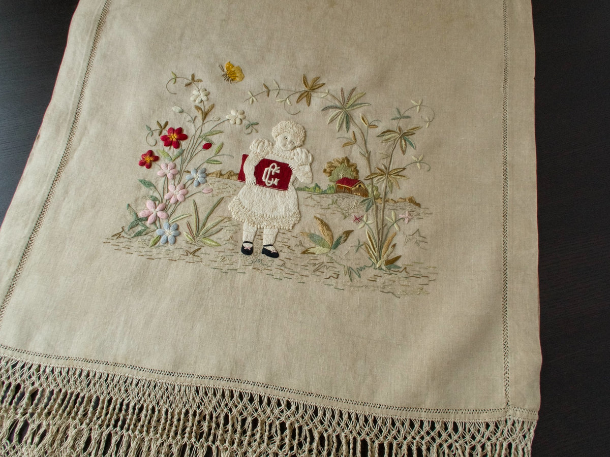 Schoolgirl Monogram Antique Dense Embroidery Fringed Towel 20x58&quot;