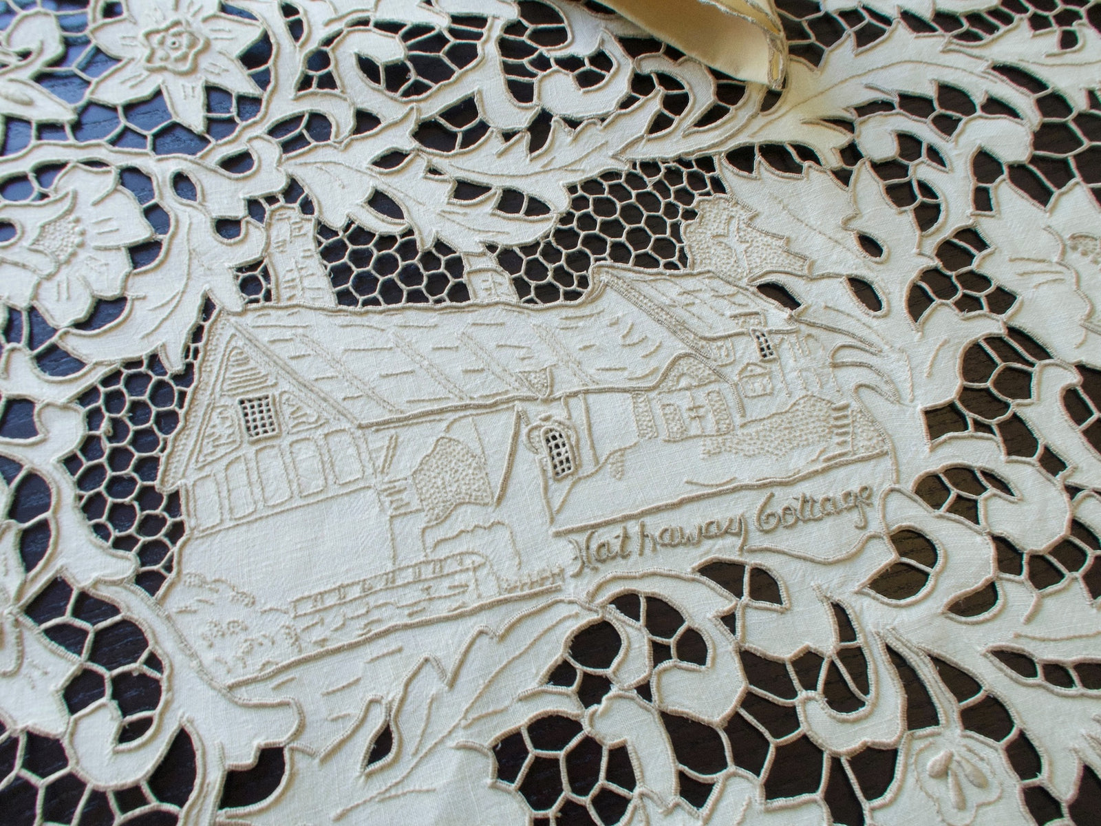 Vintage Madeira tablecloth with hand-embroidered Shakespeare scenes, Hathaway Cottage