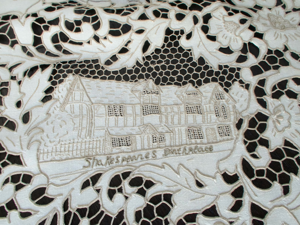 Vintage Madeira tablecloth with hand-embroidered Shakespeare scenes and Shakespeare&#39;s birthplace