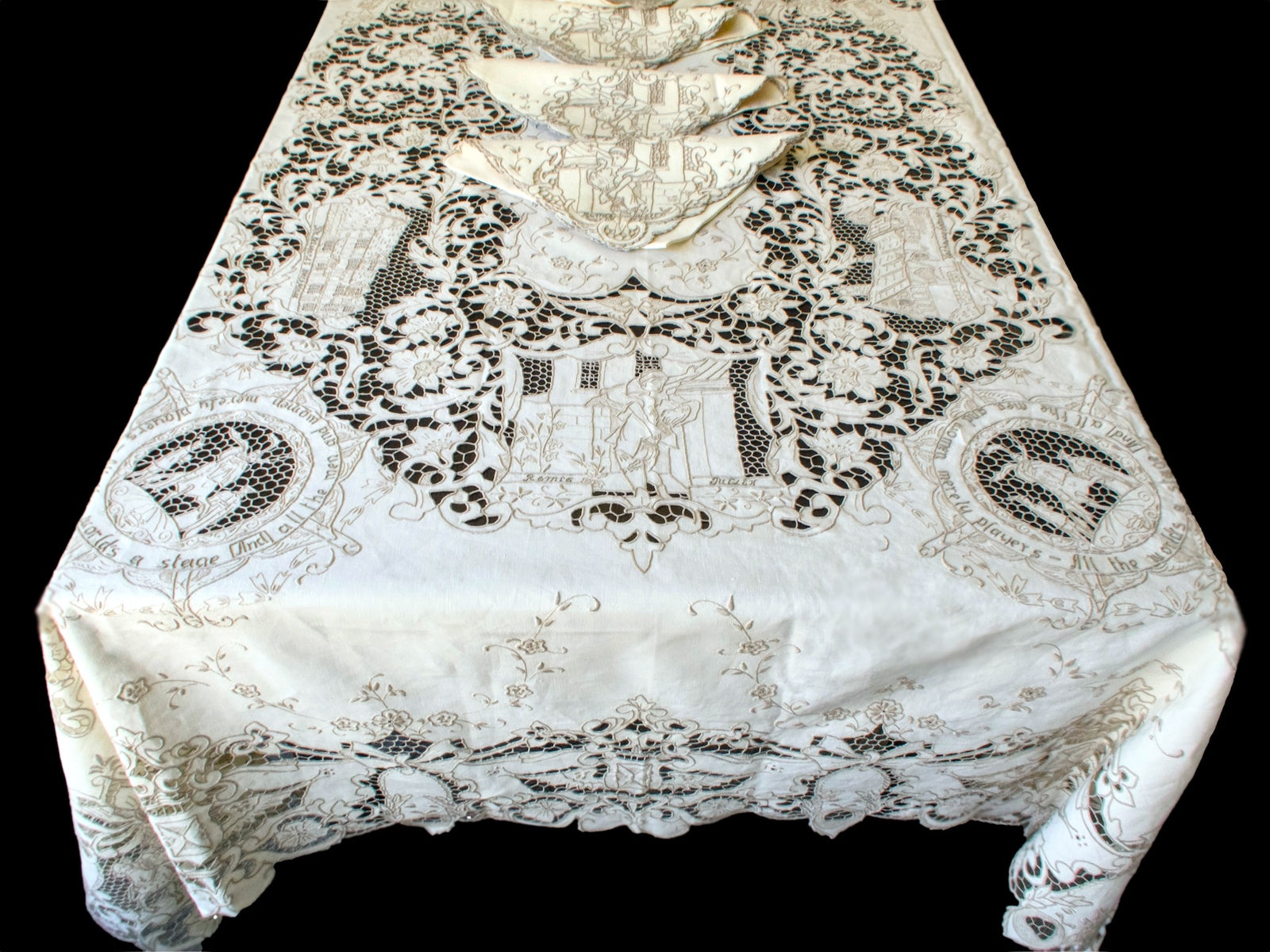 Vintage Madeira tablecloth with hand-embroidered Shakespeare scenes and Romeo & Juliet balcony motif.