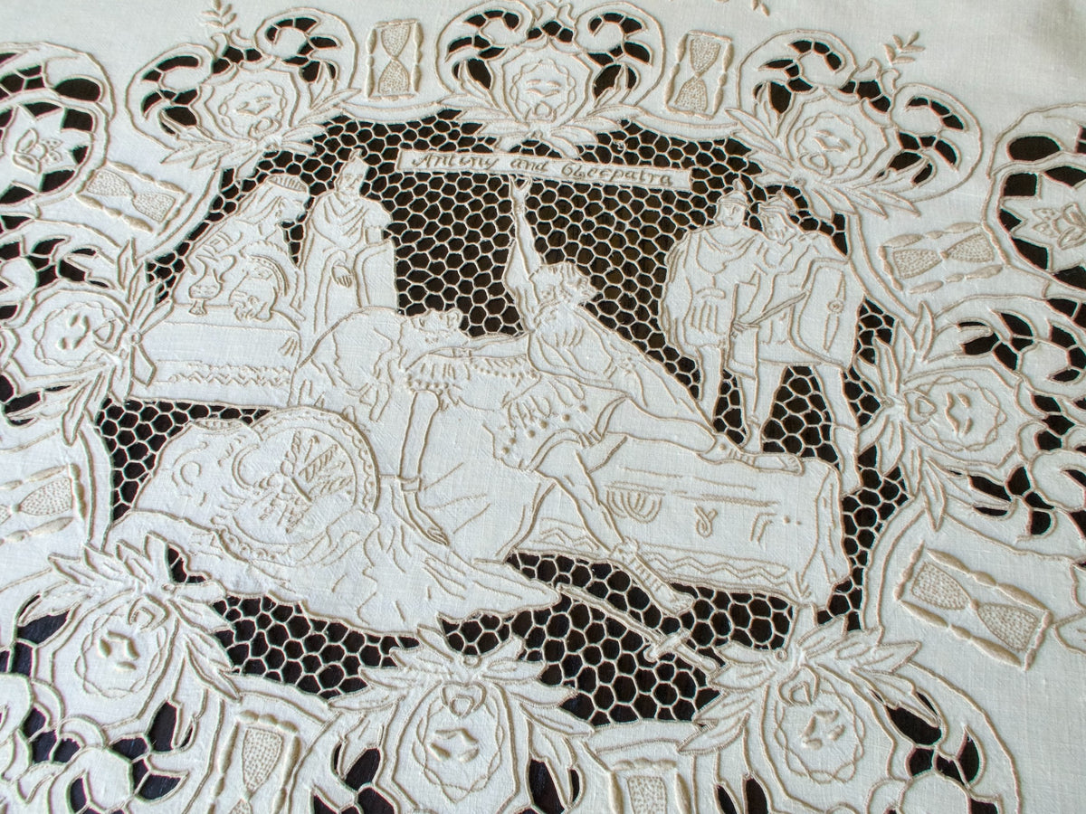 Vintage Madeira tablecloth with hand-embroidered Shakespeare scenes, Antony &amp; Cleopatra