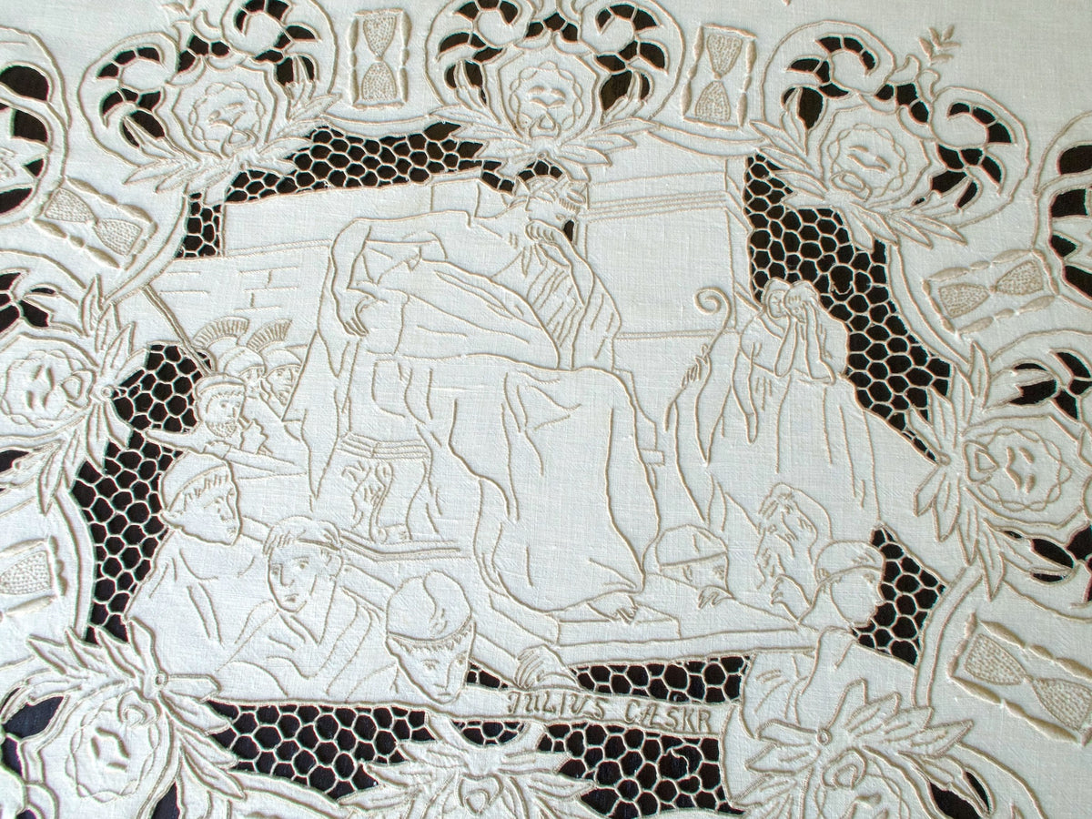Vintage Madeira tablecloth with hand-embroidered Shakespeare scenes, Julius Caesar