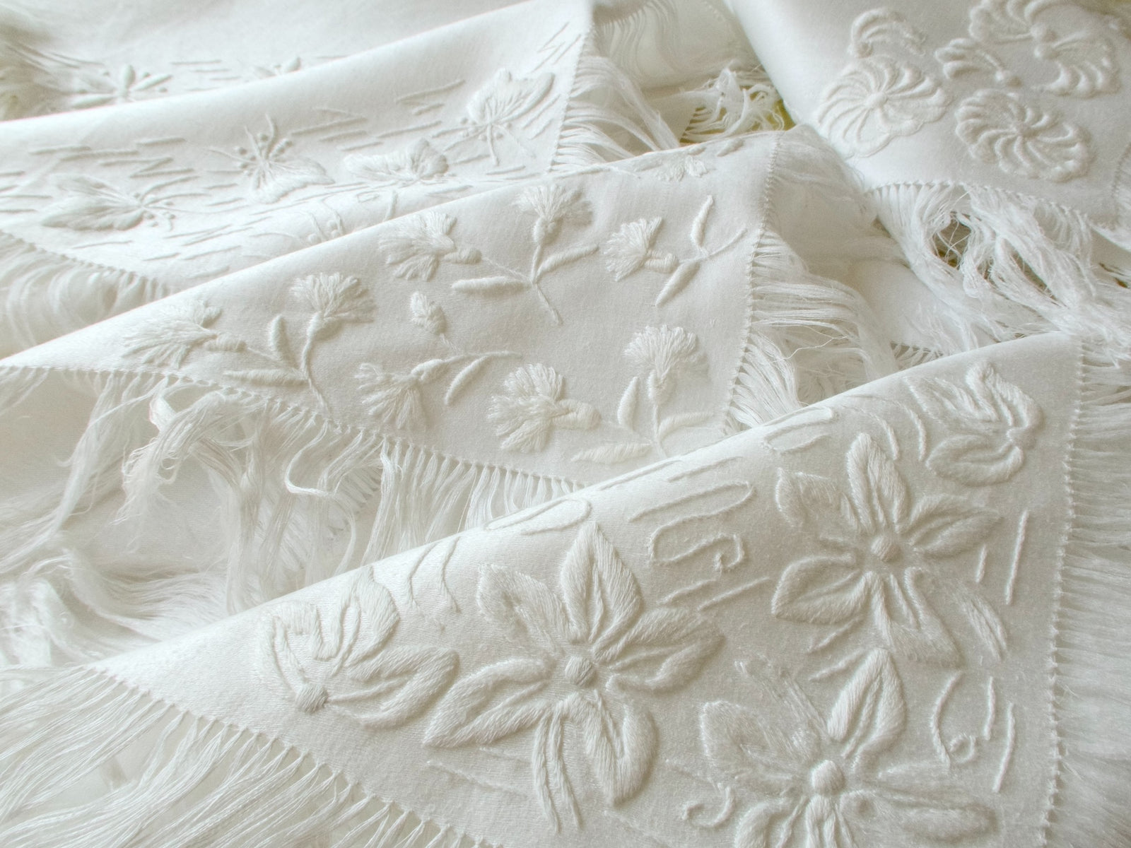 Heavily Embroidered Vintage Linen 17" Napkins, Set of 6