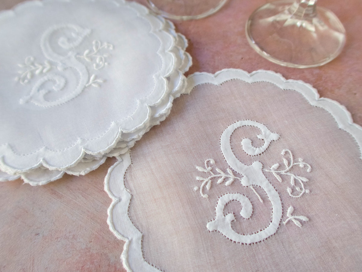 &quot;S&quot; Monogram Vintage Madeira Organdy Cocktail Rounds, Set of 8