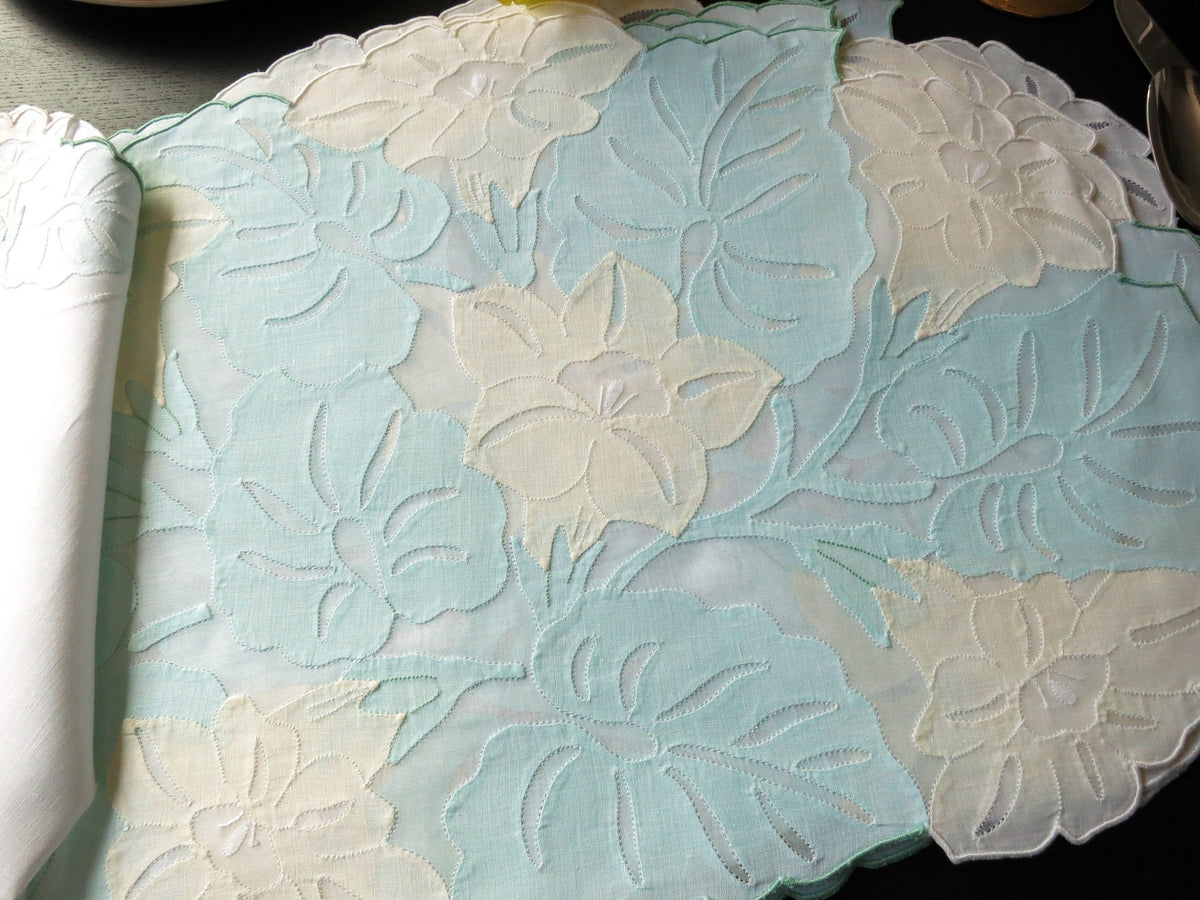 Tropical flowers vintage Madeira hand embroidered placemat and napkin
