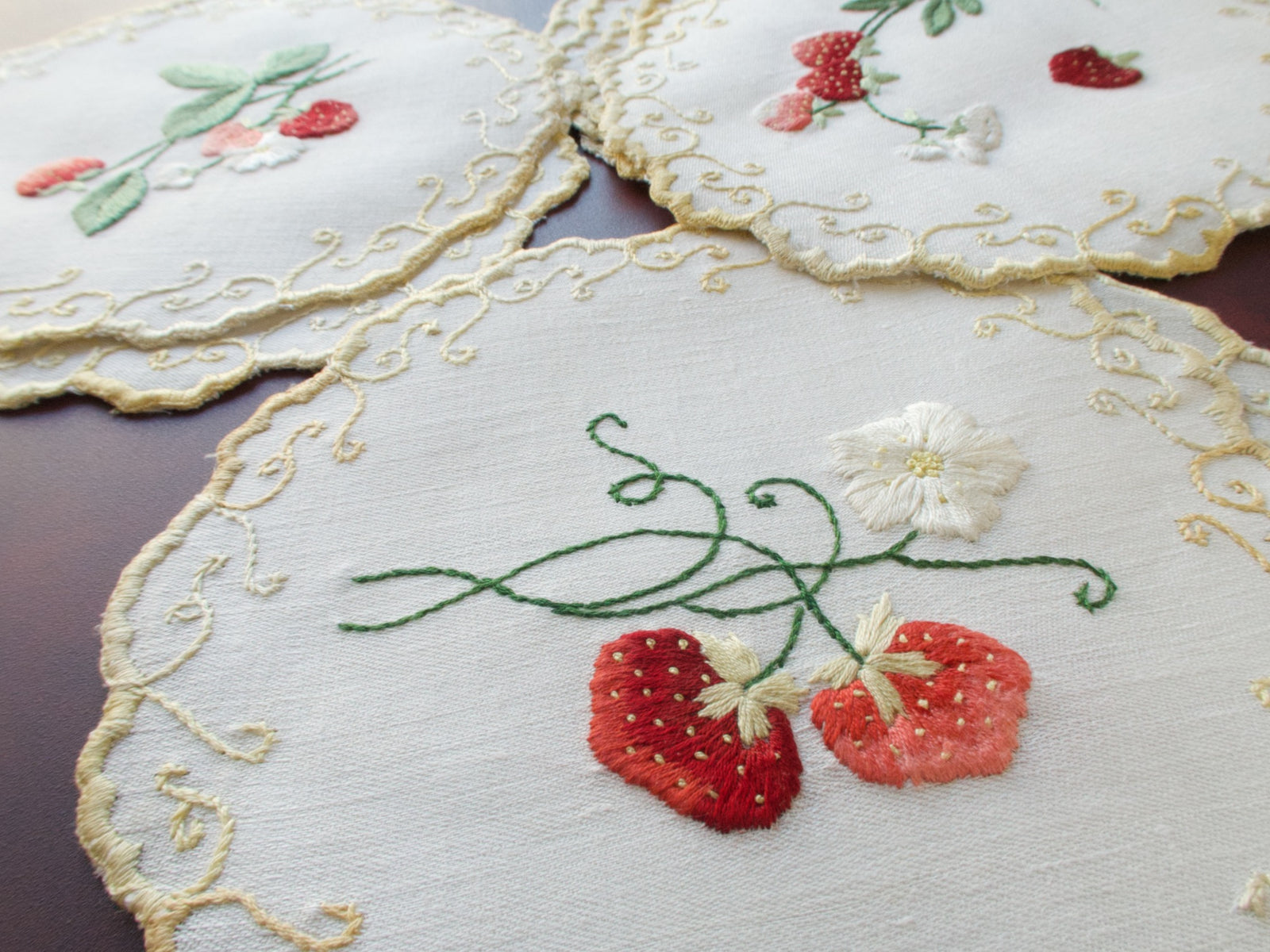 Strawberries Heavily Embroidered Vintage Linen Cocktail Rounds, Set of 8