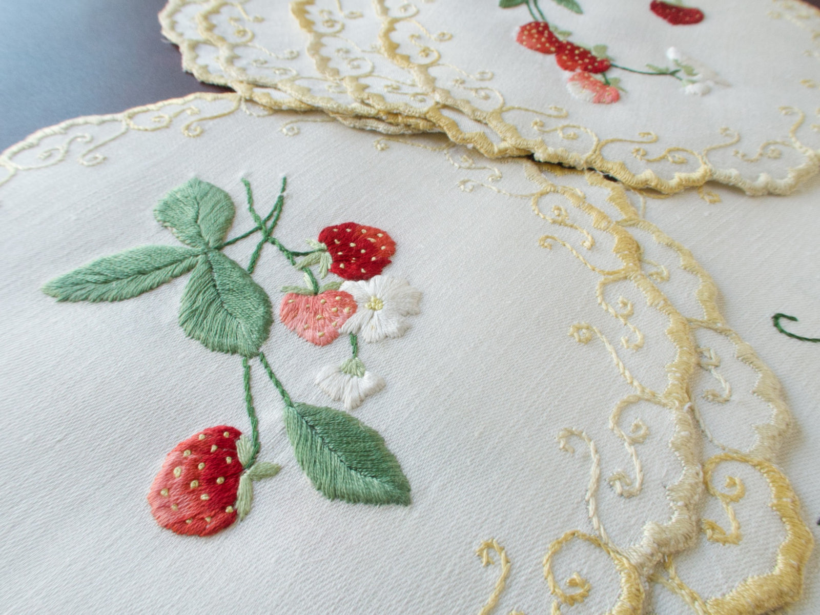 Strawberries Heavily Embroidered Vintage Linen Cocktail Rounds, Set of 8