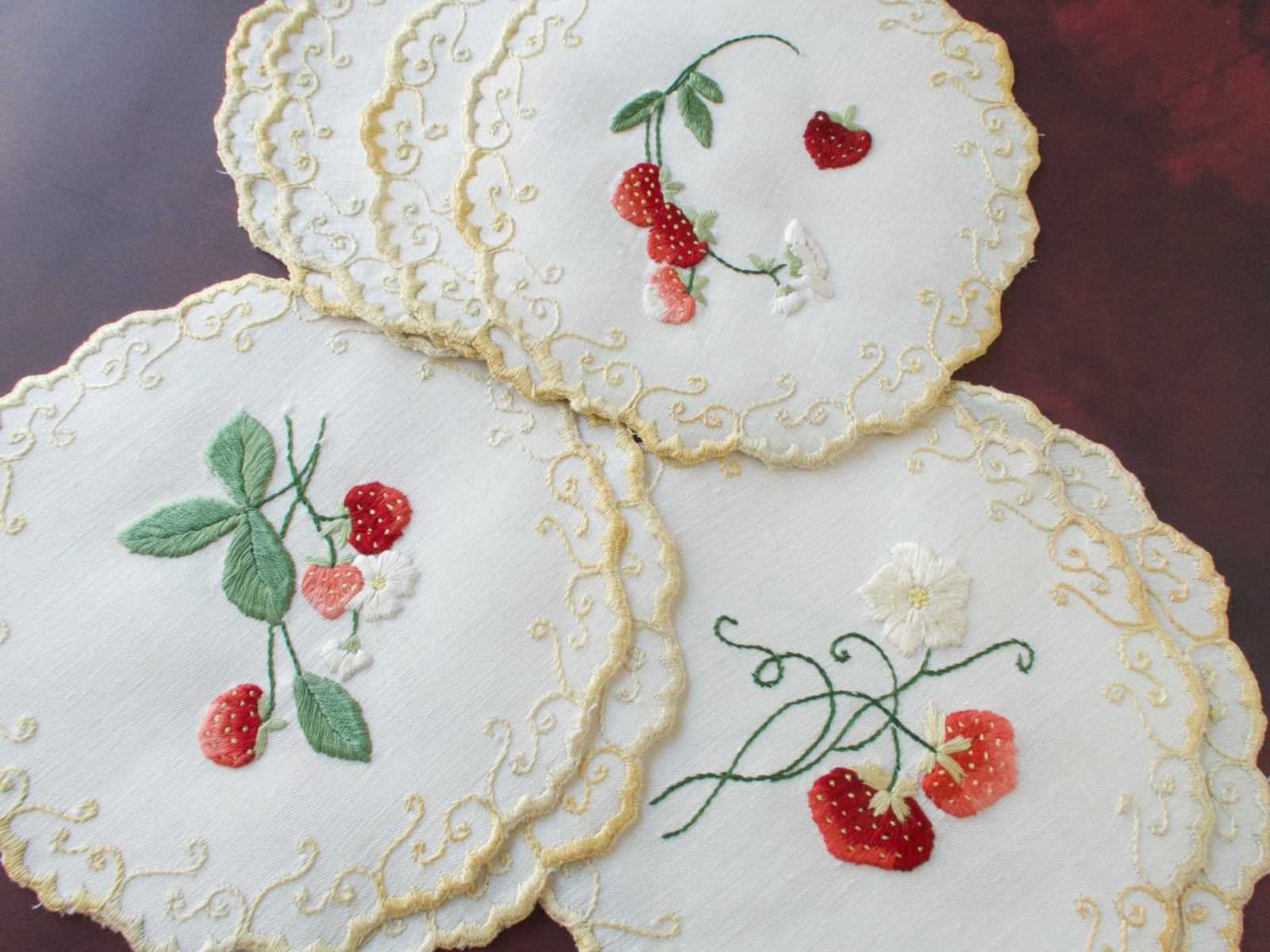 Strawberries Heavily Embroidered Vintage Linen Cocktail Rounds, Set of 8
