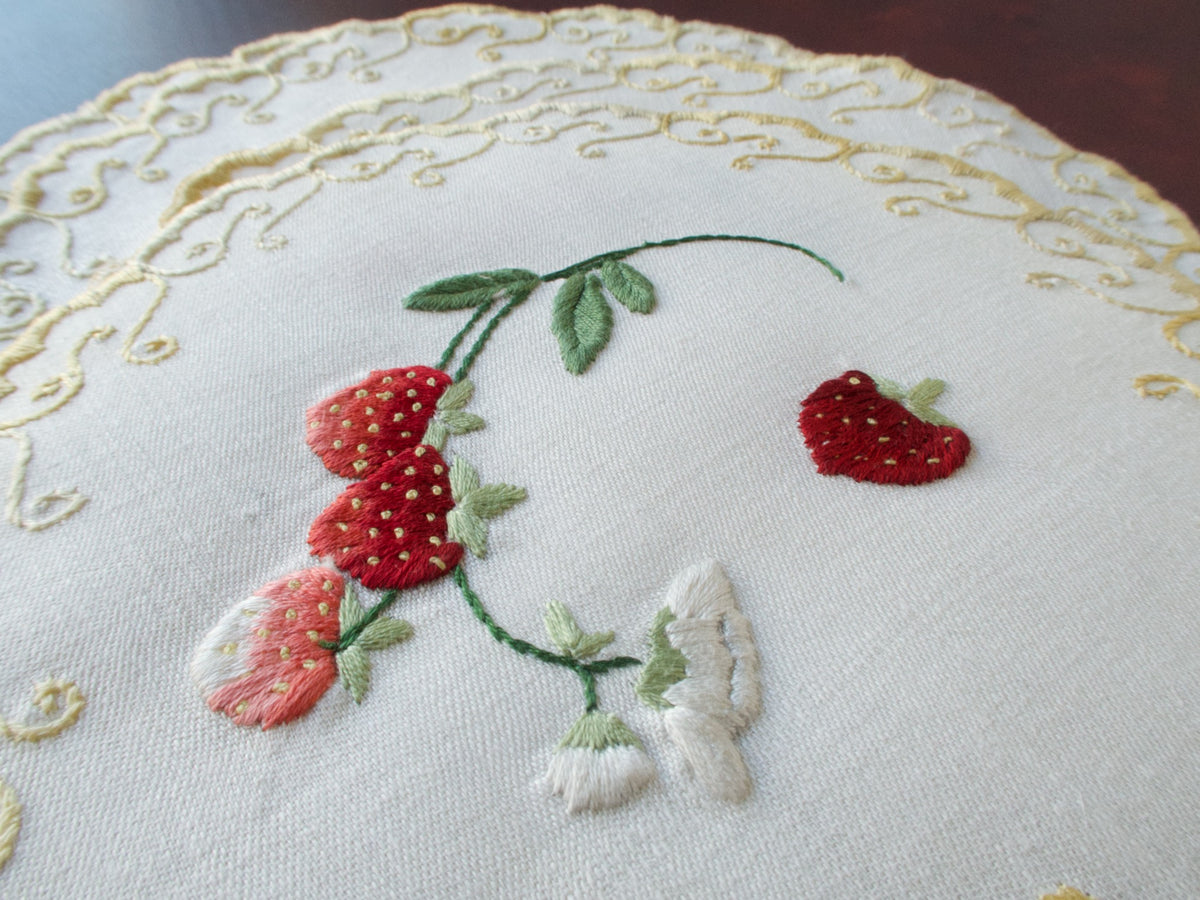 Strawberries Heavily Embroidered Vintage Linen Cocktail Rounds, Set of 8