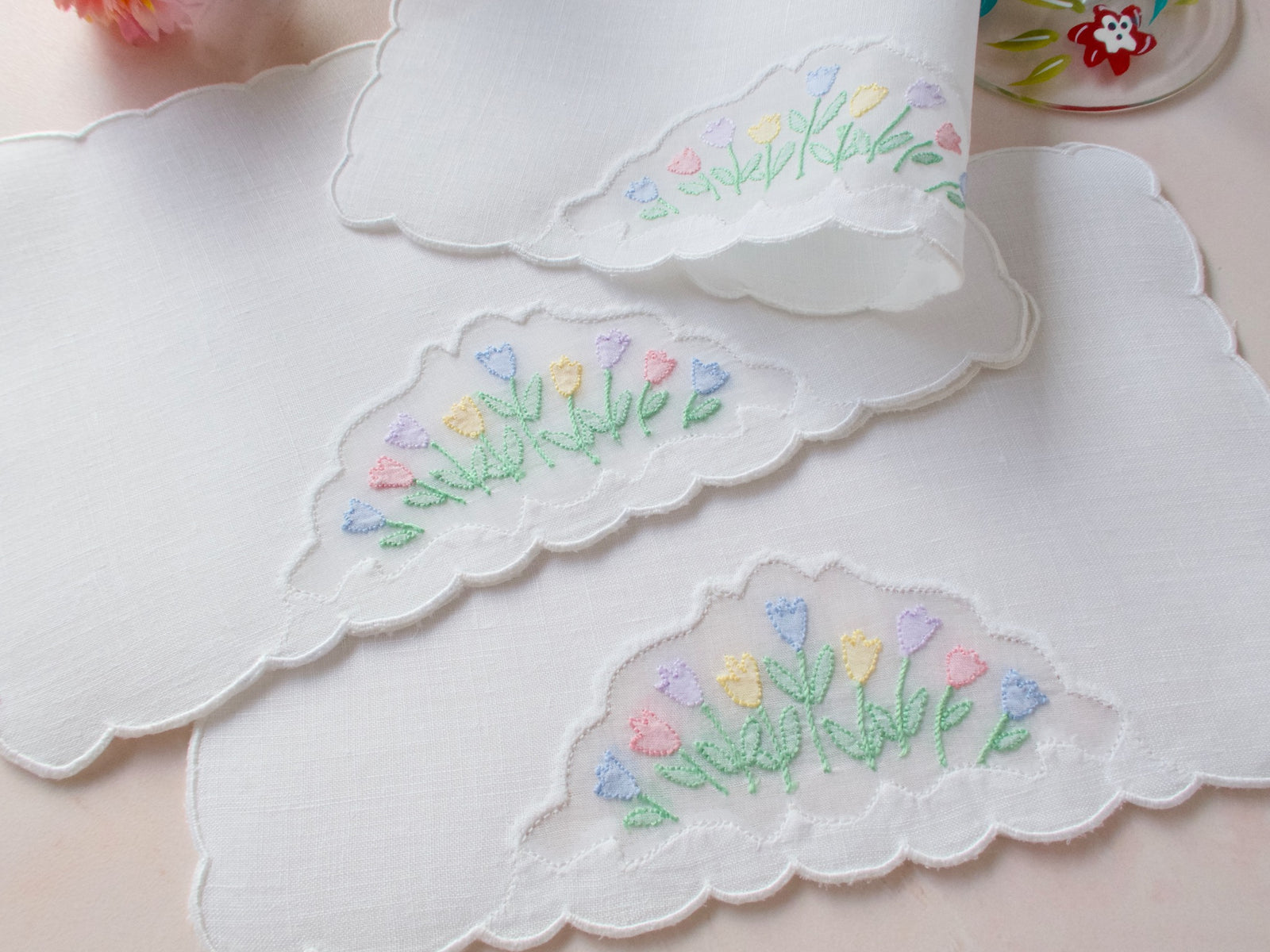 Tulips Vintage Madeira Linen Cocktail Napkins, Set of 8