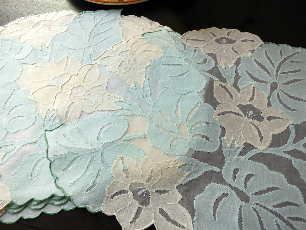 Tropical flowers vintage Madeira hand embroidered placemat