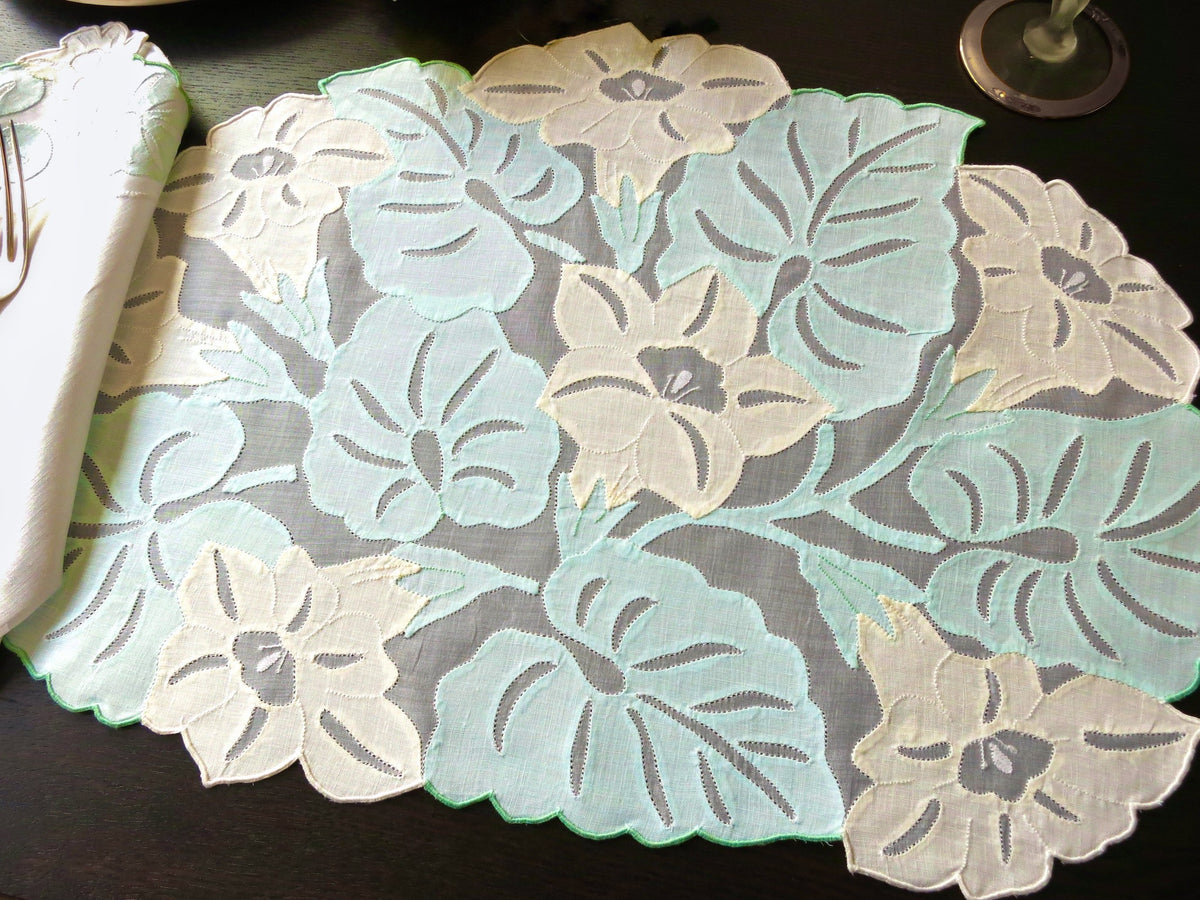 Tropical flowers vintage Madeira hand embroidered placemat and napkin